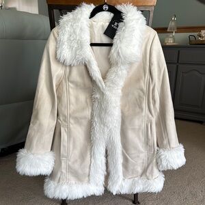 Suede Cream Teddy Jacket with Luxurious Faux Fur Trim